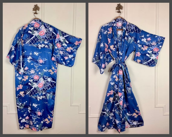 The Blue Kimono, Vintage Silky Blue Floral Robe - With
