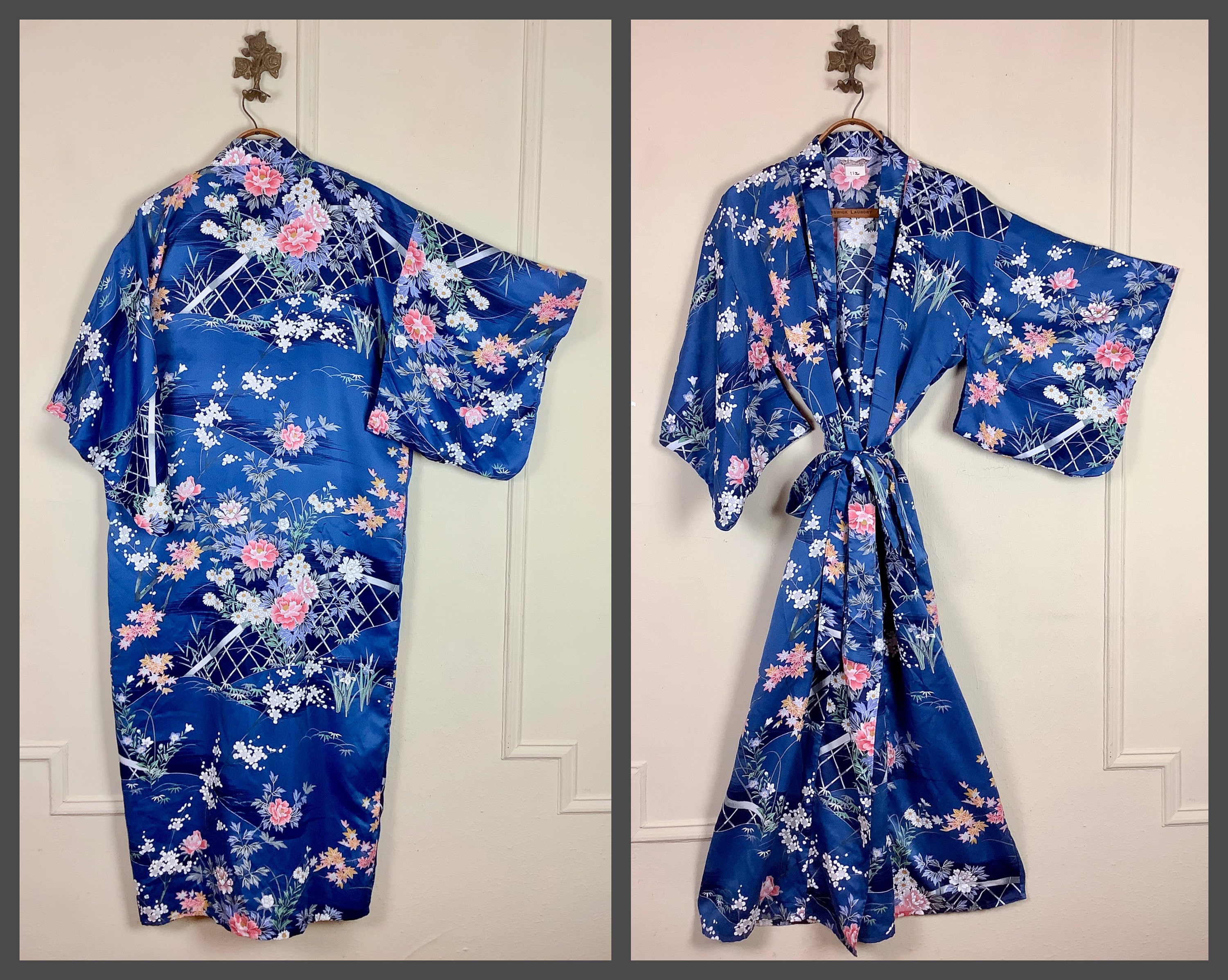 The Blue Kimono, Vintage Silky Blue Floral Robe - With The Blue Kimono, Vintage Silky Blue Floral Robe - With