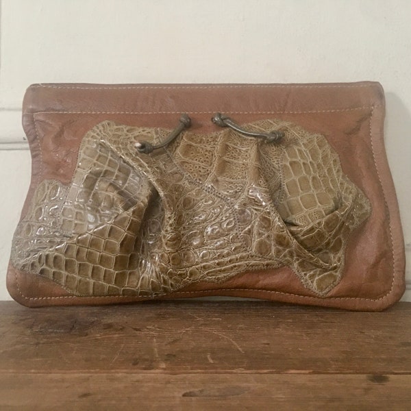 1970s Reptile and Leather Clutch - vintage designer, Carlos Falchi -  boho purse, 70s collage, alligator, collegiate, prep