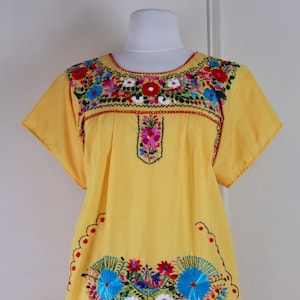 1970s Yellow Bohemian Sundress - vintage Cotton Peasant Dress -  heavily embroidered vibrant flowers - Mexican Oaxacan - size small