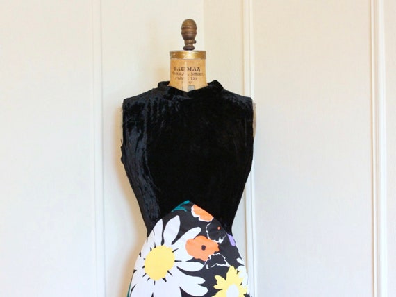 Flower Power, 1970s Vintage Black Velvet and Bright Floral Maxi Dress - Size Large