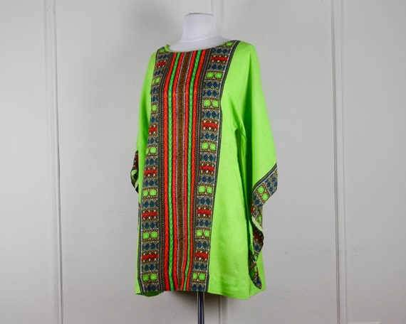 1970s neon GREEN Cotton Caftan, Batik Mini Dress,… - image 4