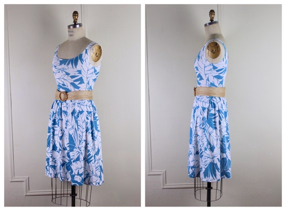 1980s White + Teal Blue Cotton Sun Dress with bre… - image 4