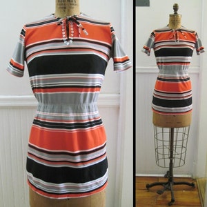 vintage SUPER MOD Orange, Black, and Grey Striped Long Shirt T shirt, short sleeve shirt, Summer Top, long tunic vintage size medium image 3