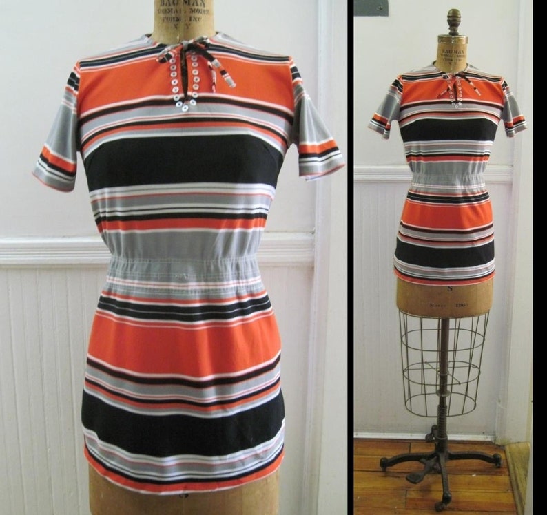 vintage SUPER MOD Orange, Black, and Grey Striped Long Shirt T shirt, short sleeve shirt, Summer Top, long tunic vintage size medium image 3