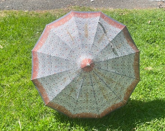 1950s Pagoda  Umbrella - abstract geometric print: rusty brown + grey + white - vintage Sun / Shade Parasol