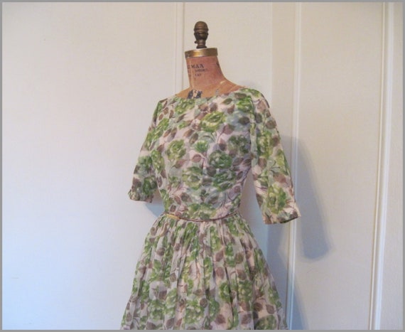 vintage 1950s Bronze & Green Cabbage Rose Party D… - image 1