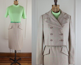 vintage 1970s Spring Green and Brown Plaid wool Dress Suit, tagged Joan Leslie by Kasper - small to medium