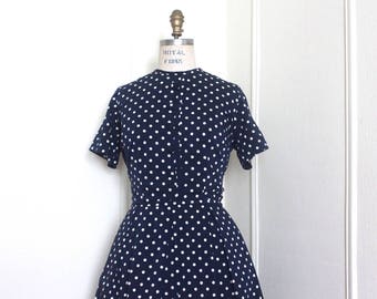 Vintage 1960s Navy Blue and White Polka Dot NEW LOOK Day Dress - medium to large