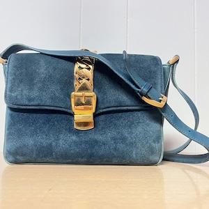 1960s GUCCI Sylvie Bag - teal blue & gold suede purse, shoulder bag, vintage designer, authentic 1969