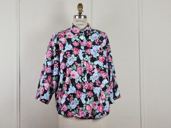 oversized florals, 1980s cotton blouse - black + … - image 7