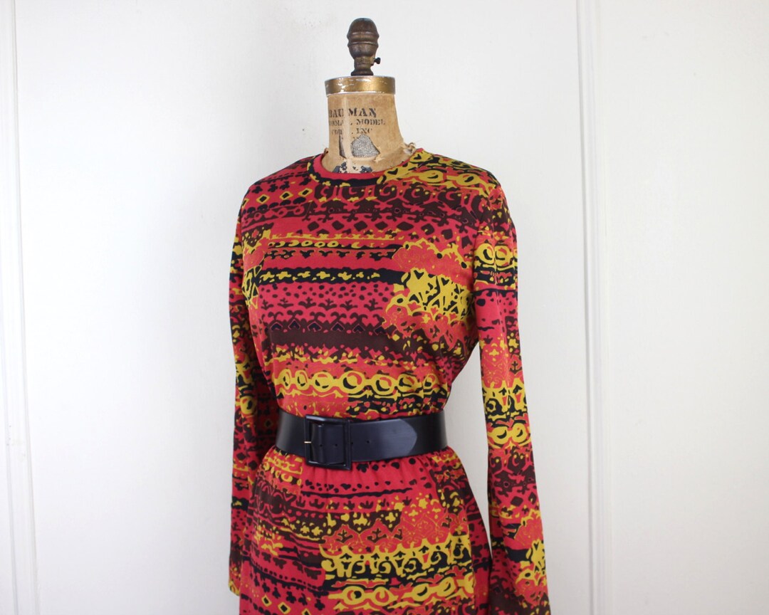 1960s Deep Vermillion Striped Dress MOD, Gold Brown Black, Batik ...