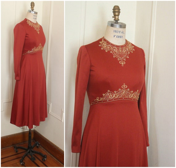 vintage 1970s Orange Rust Hostess Dress embellish… - image 3