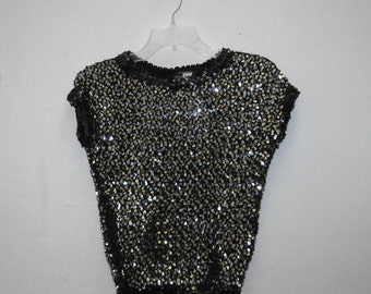 I love the nightlife - 1980s Black and Silver SEQUIN Knit Top - vintage size small