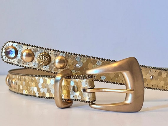 1980s Gold Leather Belt With Crystals & Studs - Waist, Hips  display picture 1