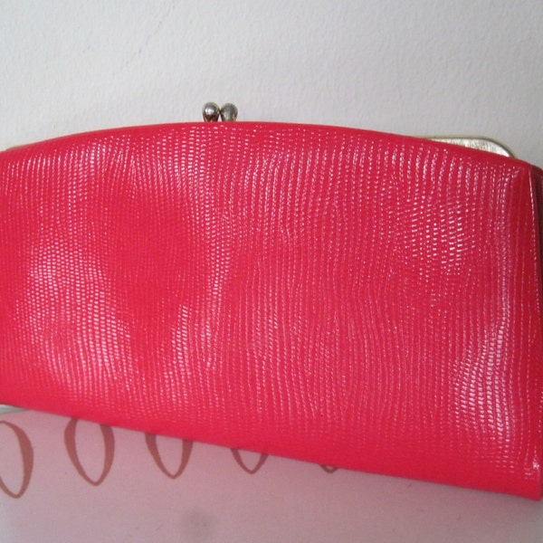 vintage 1960s MOD Cherry Red Snakeskin VINYL WALLET with kisslock change purse - vegan, retro, rockabilly