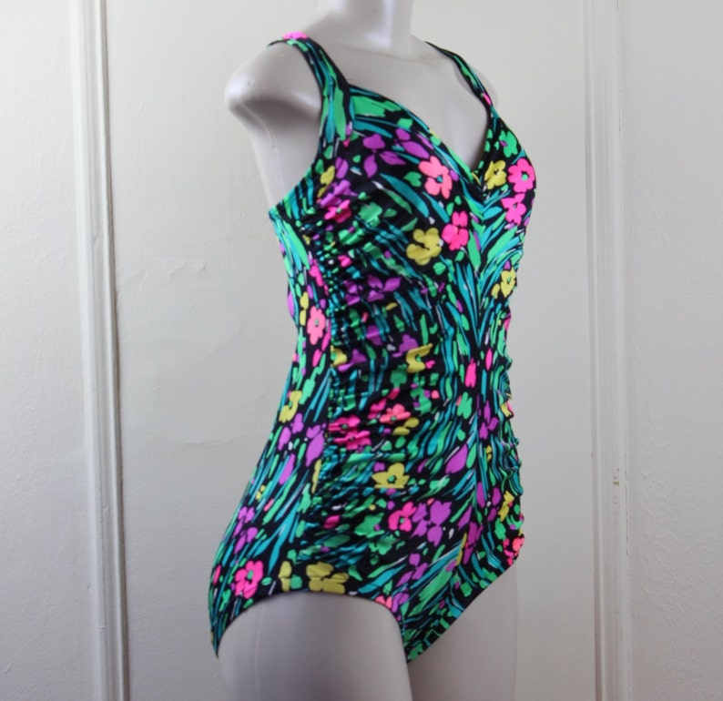 1980s Neon Floral Swimsuit bathing suit maillot Black Hot | Etsy