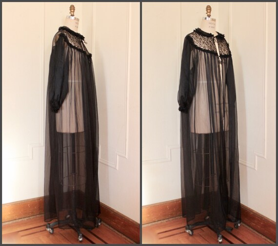 1950s Black Lace + Nylon Robe - Edwards Lingerie … - image 4