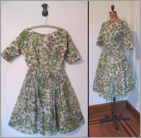 vintage 1950s Bronze & Green Cabbage Rose Party D… - image 3