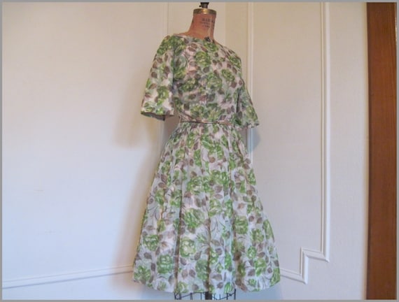 vintage 1950s Bronze & Green Cabbage Rose Party D… - image 4