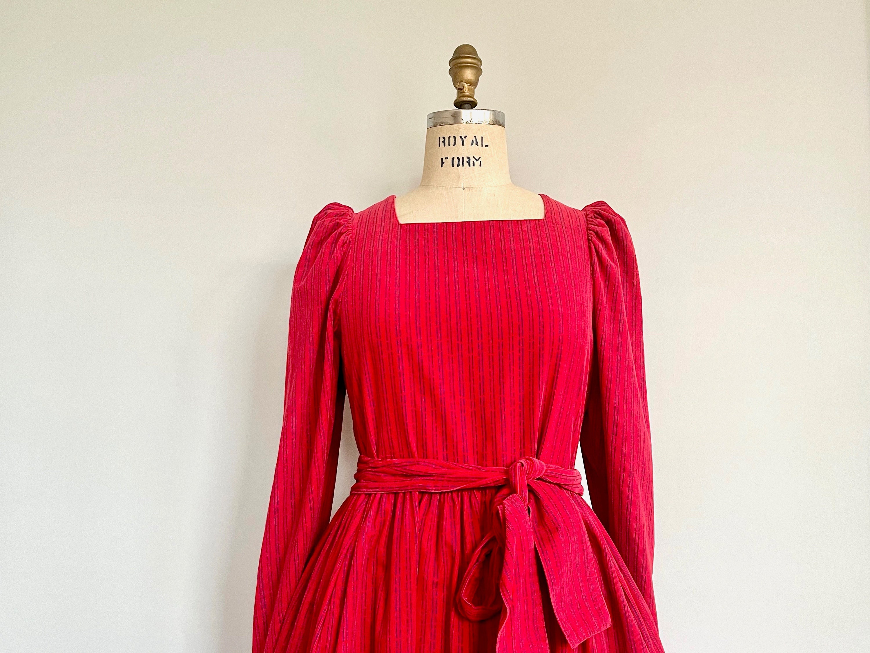 laura ashley red velvet dress 1980s LAURA ASHLEY Red & Purple Velvet Party Dress - Striped, Belted, Puffy  Shoulders, Midi Length - Vintage Size 12, Medium to Large