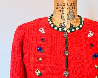 1950s AUSTRIAN FOLK cardigan - vintage WOOL button up sweater - red + green cable knit  - winter warm, nordic flowers - size small to medium