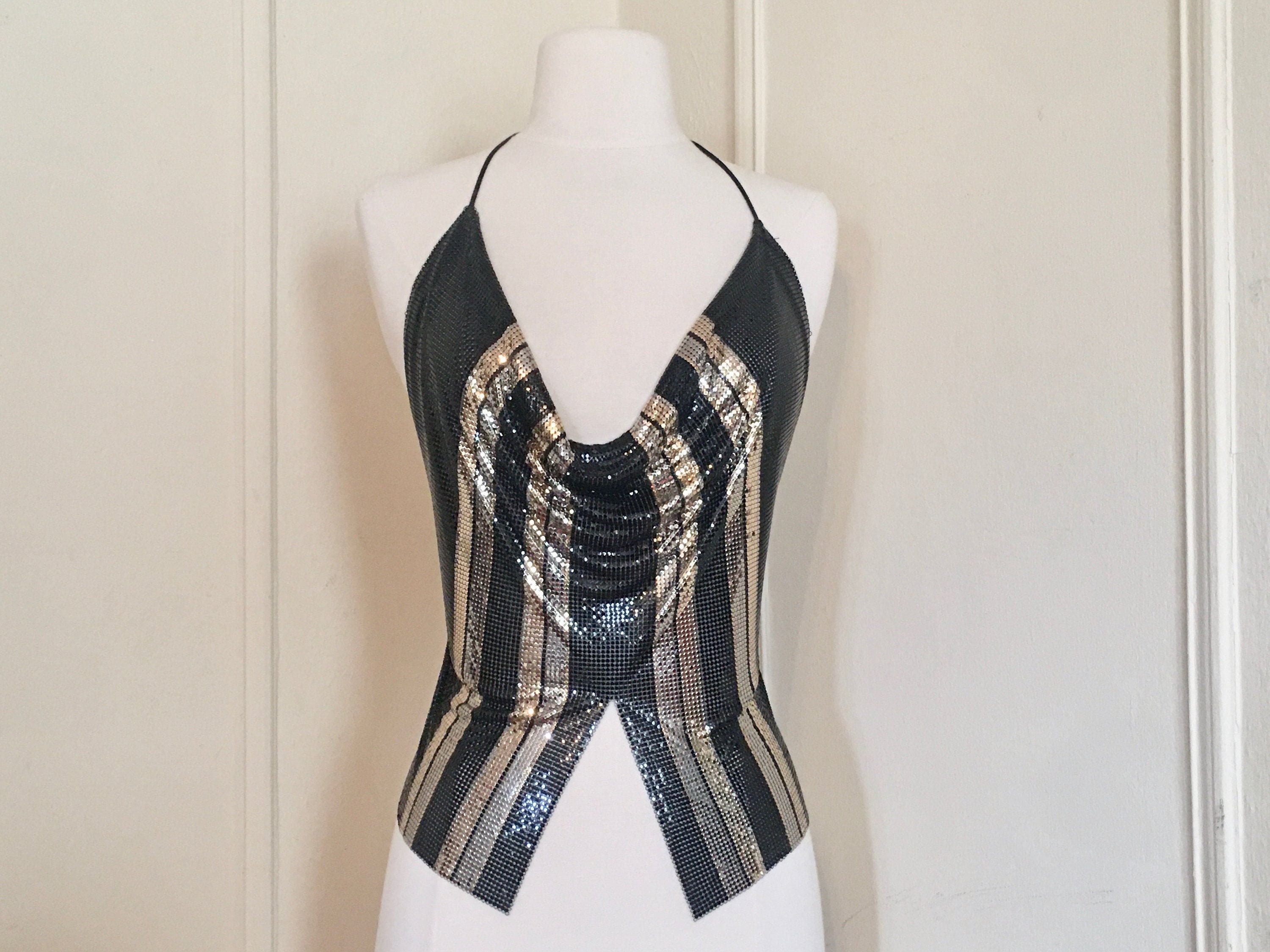 Real Vintage Search Engine Disco Party, 1980S Whiting  Davis Metal Mesh Halter Top - Vintage Studio 54 Designer, Black  Silver Gold Metallic One Size $920.00 AT vintagedancer.com