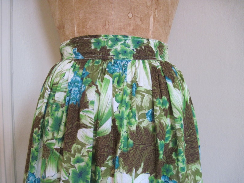 1960s vintage Tropical Green & Blue Floral Cotton Maxi Skirt, size xs/s extra small to small image 1