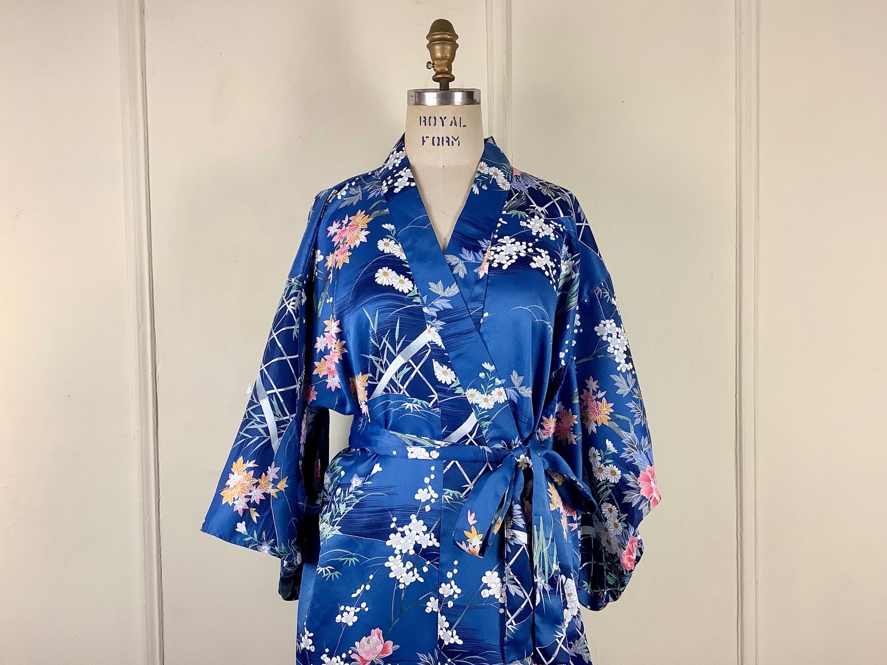The Blue Kimono, Vintage Silky Blue Floral Robe - With The Blue Kimono, Vintage Silky Blue Floral Robe - With