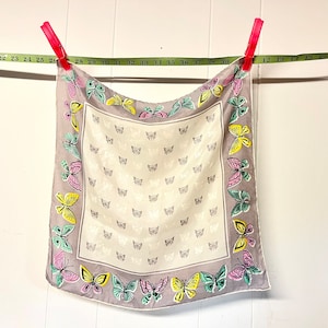 May include: A gray silk scarf with a white background and a border of colorful butterflies. The butterflies are yellow, pink, green, and blue.