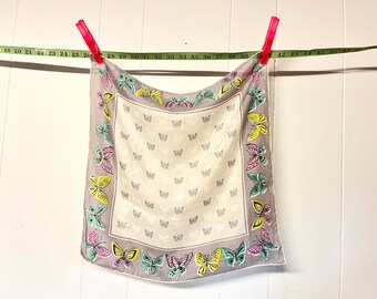 Butterflies, 1950s Silk Scarf - taupe + turquoise + yellow + pink + black + white - vintage, square, bandana, head scarf