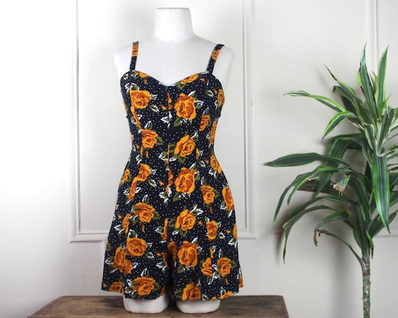 1980s Floral Print Denim Romper | M/L