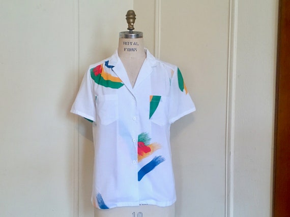 Brush Strokes, 1980s White button Up Blouse by Pe… - image 2