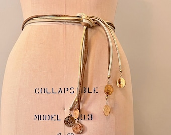 1960s Tie &#39;Round Belts - set of 3 leather string belts with gold COIN dangles - Metallic Gold + Bone White + Brown - one size fits most