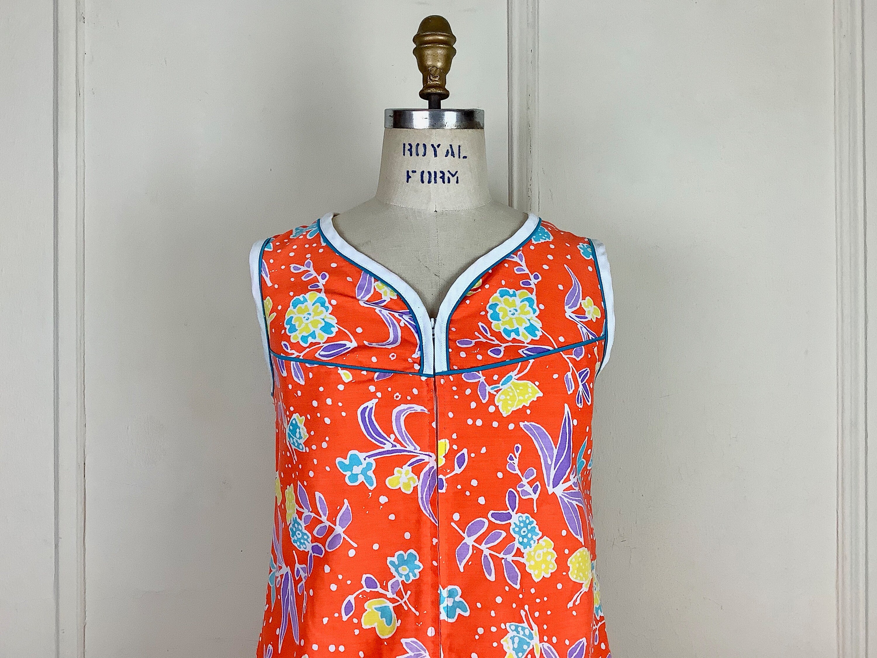 Vintage 1960s Orange Floral Cotton DAY DRESS Zip up House Etsy