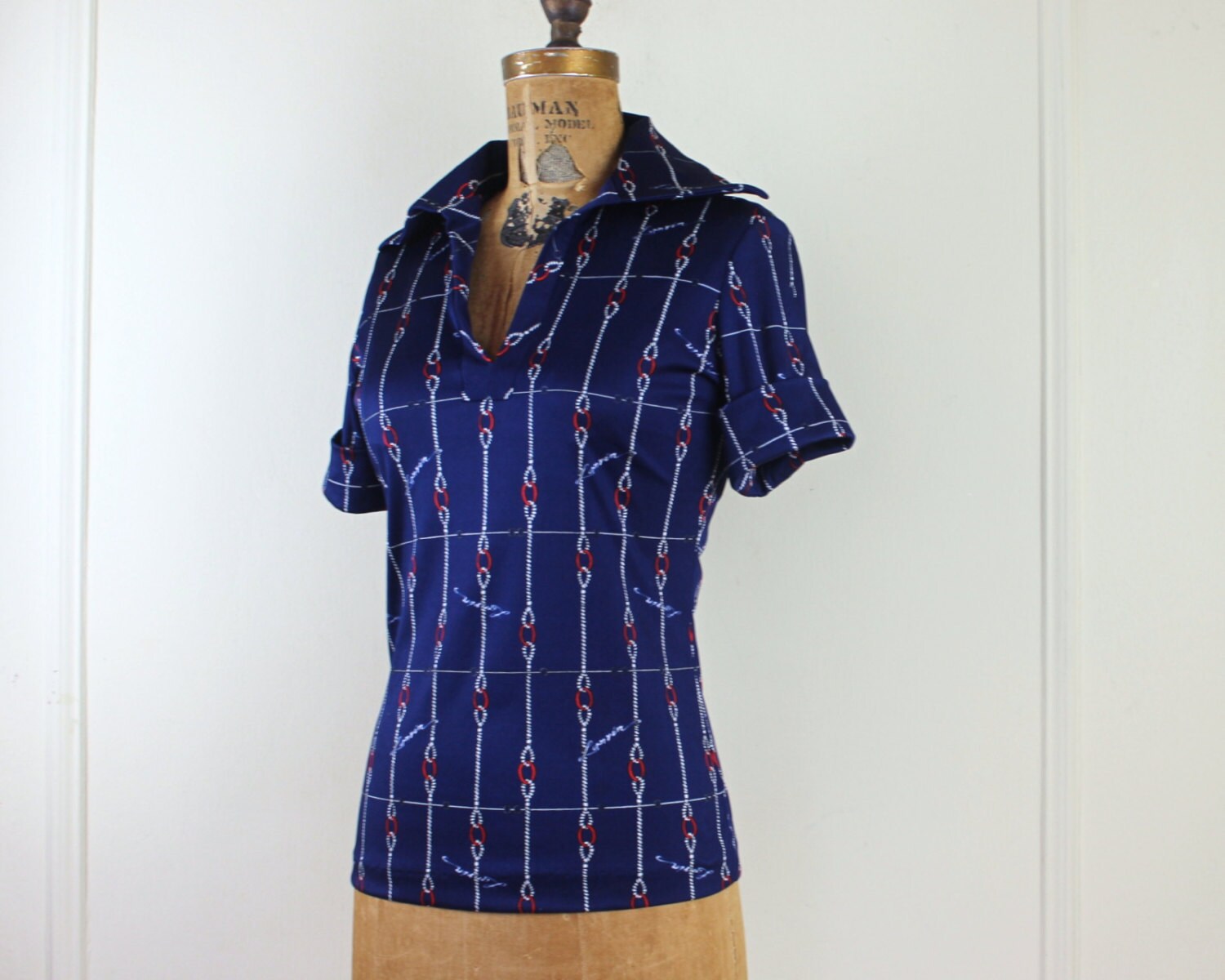 1970s LANVIN Navy Blue + White + Red Polo Shirt - Short