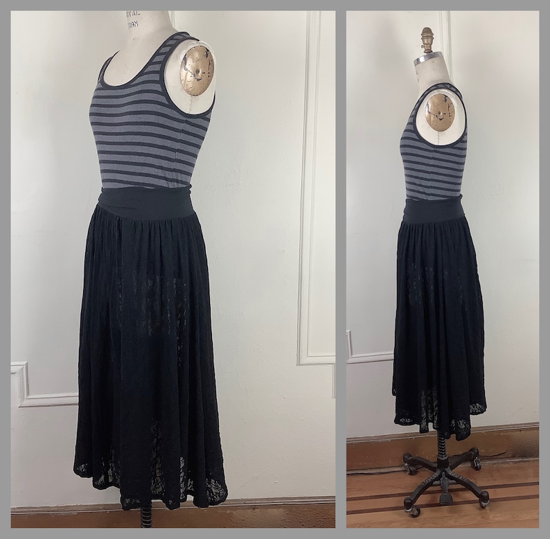 medium 1980 Black Lace goth wiccan cinch waist dark floral vintage size large Midi Length Skirt with slouchy