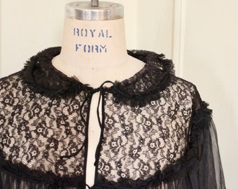 1950s Black Lace + Nylon Robe - Edwards Lingerie - sheer & dramatic - Hollywood Regency, maxi house coat - vintage size 34, small, medium