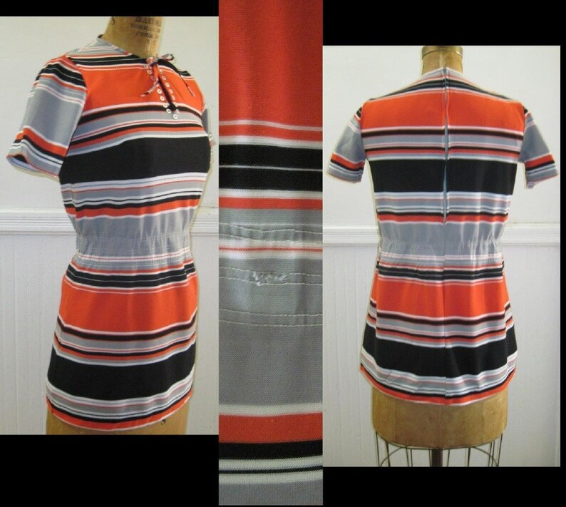 vintage SUPER MOD Orange, Black, and Grey Striped Long Shirt T shirt, short sleeve shirt, Summer Top, long tunic vintage size medium image 5