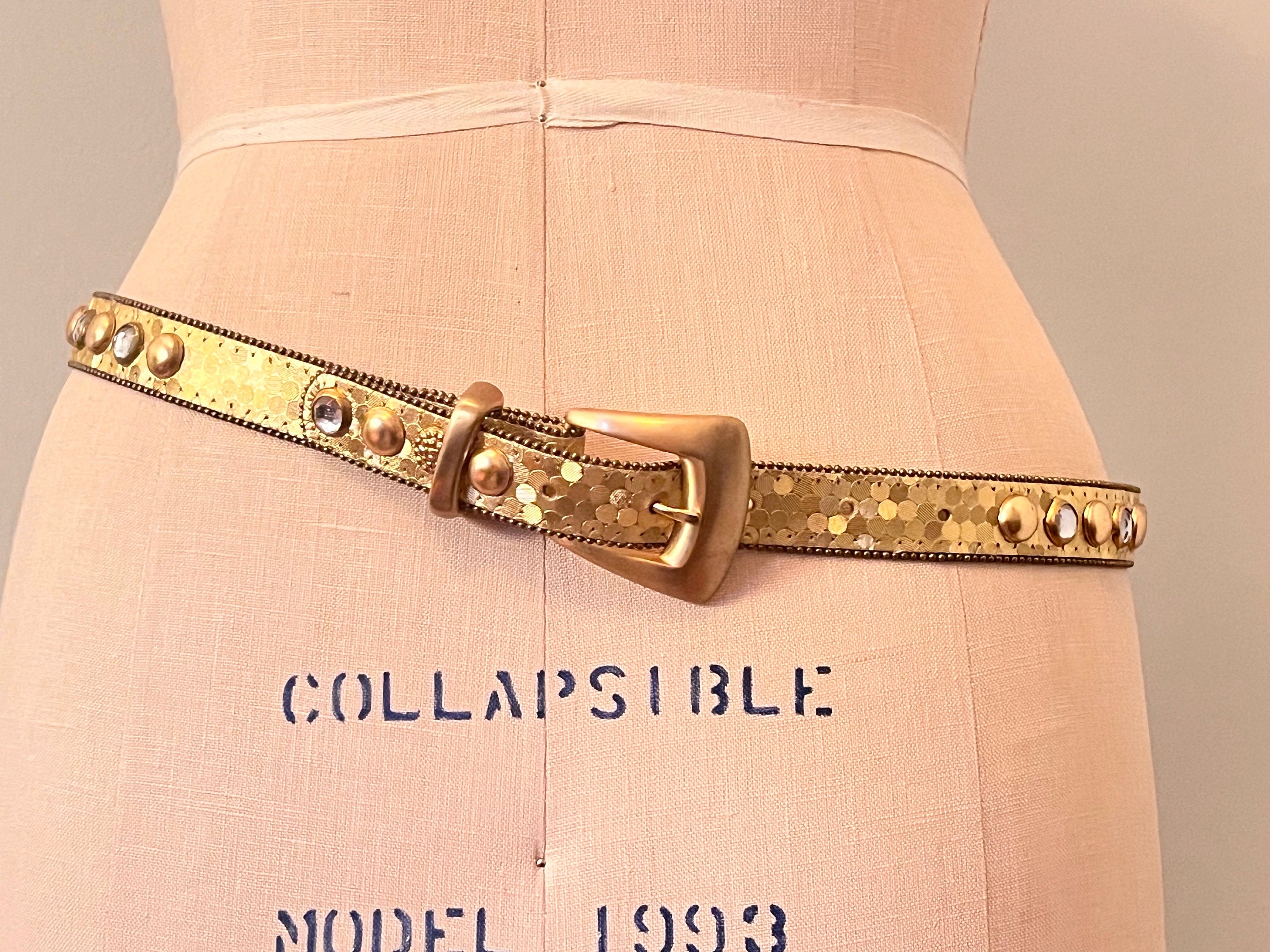 1980s Gold Leather Belt With Crystals & Studs - Waist, Hips 