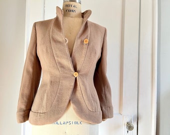 georgio armani, 1980s chic wool blazer - camel beige oatmeal - fitted waist, vintage structured designer suit jacket, Spring coat - sz small