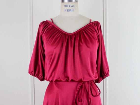 vintage 1970s deep red, maroon peasant dress - off
