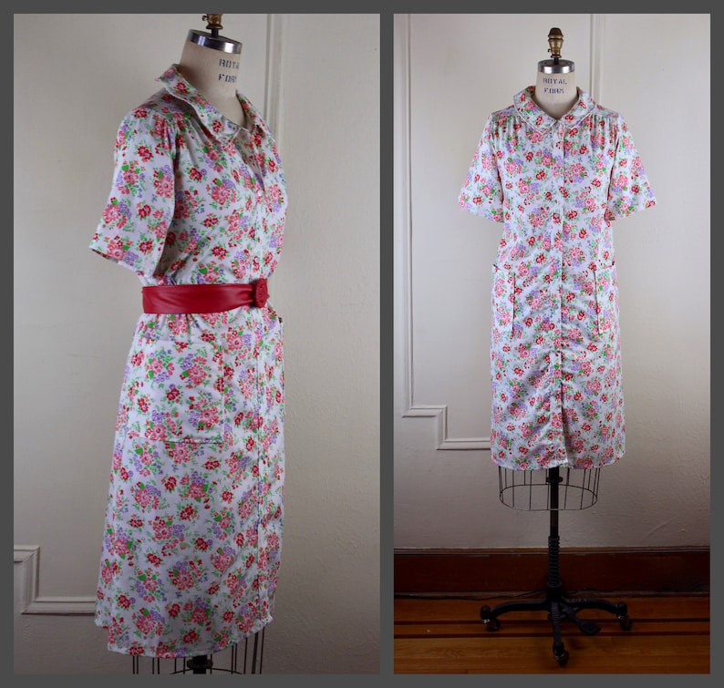JCPenney purple peach robe large vintage size 14 bright floral pattern: pink 1970s cotton HOUSE DRESS red lounge green