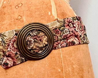 vintage 1980s Floral Tapestry Cinch Belt with large Brass Buckle - waist, hips, hippie, boho, city chic - one size, up to 35 inches