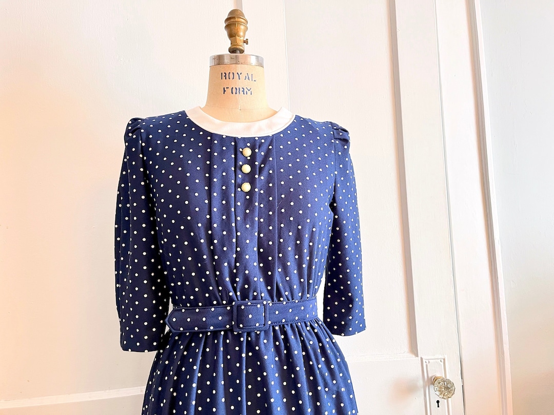 1980s Navy Blue White Polka Dot Day Dress Pearl Buttons - Main Image