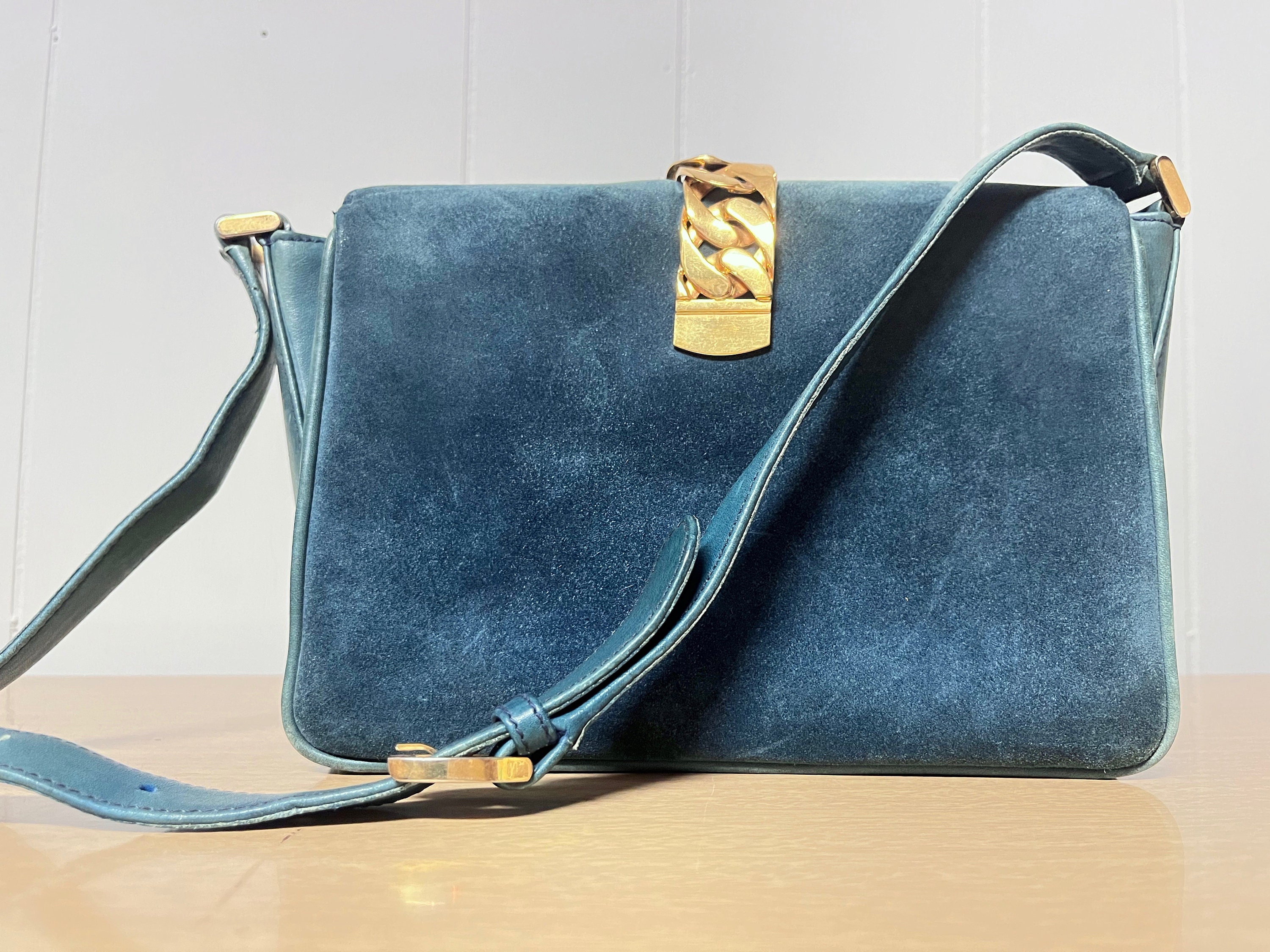 1960s GUCCI Sylvie Bag teal blue gold suede purse shoulder bag vintage designer authentic 1969
