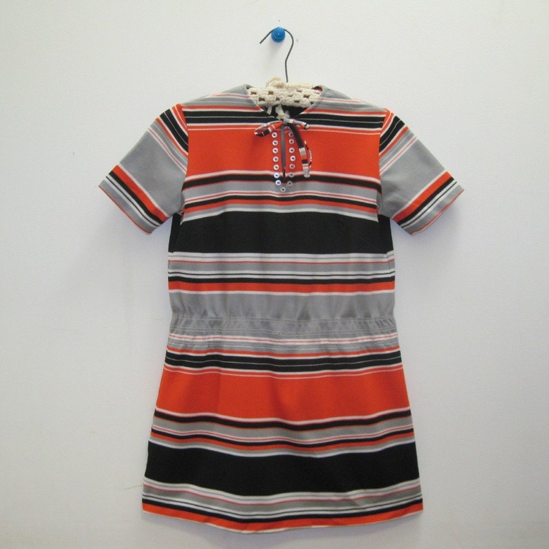 vintage SUPER MOD Orange, Black, and Grey Striped Long Shirt T shirt, short sleeve shirt, Summer Top, long tunic vintage size medium image 1