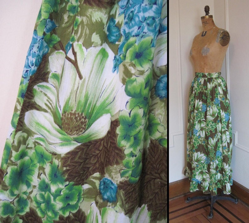 1960s vintage Tropical Green & Blue Floral Cotton Maxi Skirt, size xs/s extra small to small image 4