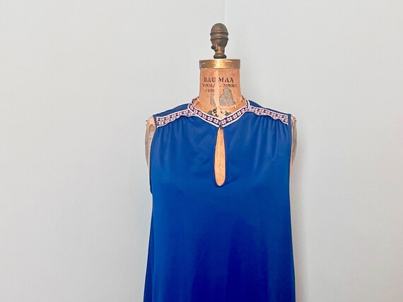 sweet dreams, 1970s Blue Nightgown with red + White + green DAISY TRIM - vintage nylon nightie, pajamas, house dress - size small to medium sweet dreams, 1970s Blue Nightgown with red + White + green DAISY TRIM - vintage nylon nightie, pajamas, house dress - size small to medium