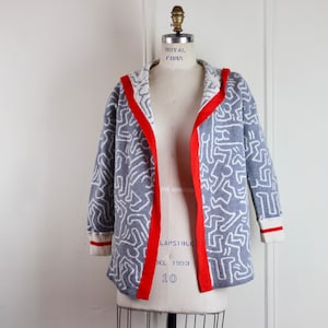 vintage KEITH HARING Hooded Wool Cardigan Sweater van JC de Castelbajac - grijs &witte body print - 46, one size, small, medium, large